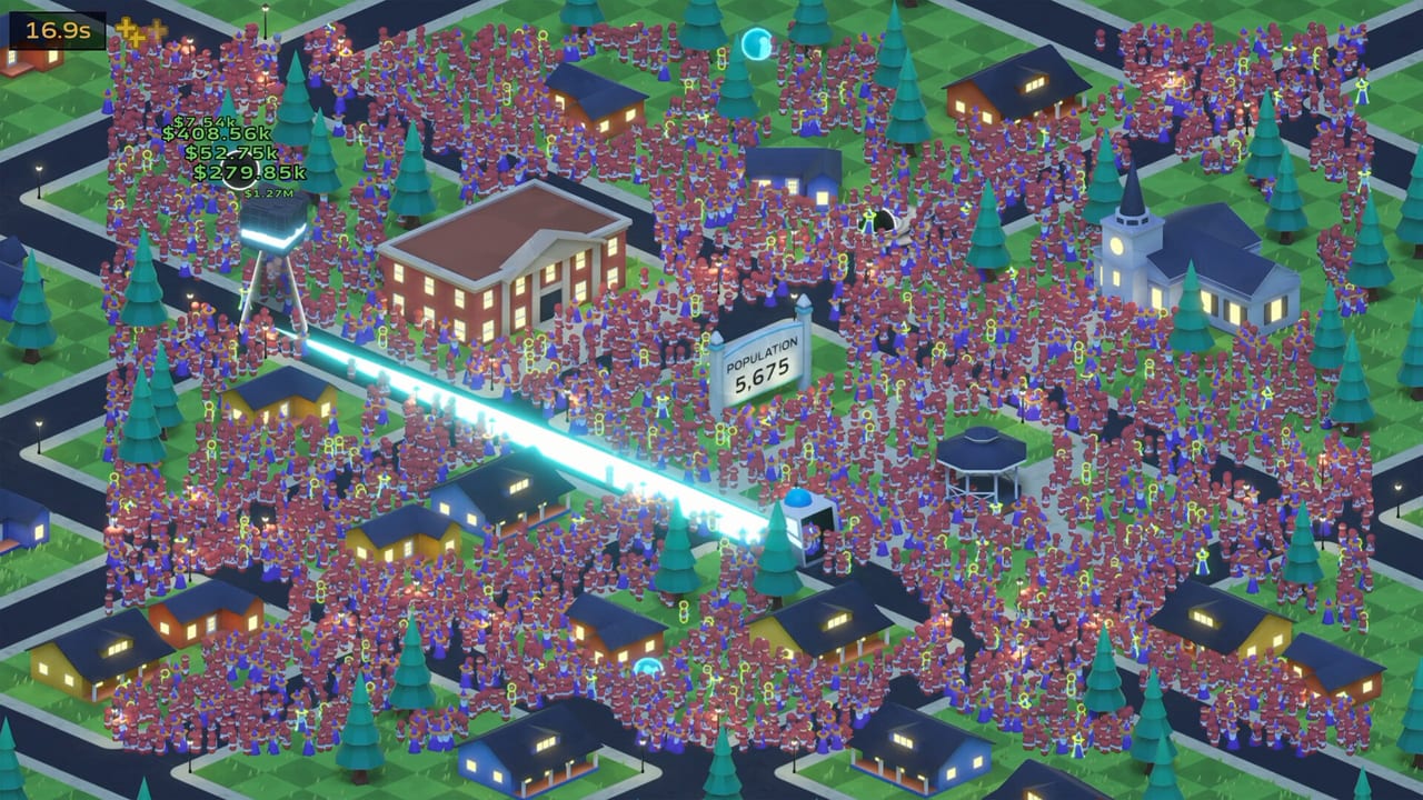 A cyan tractor beam sweeping a packed suburban town of thousands of red-shirted humans in We Need More Humans