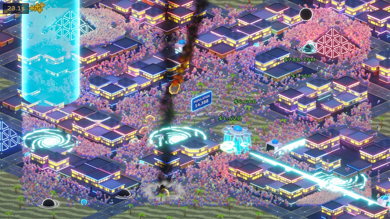 Late-game neon city in We Need More Humans with billion-dollar payouts, crop circles, and black holes on the streets